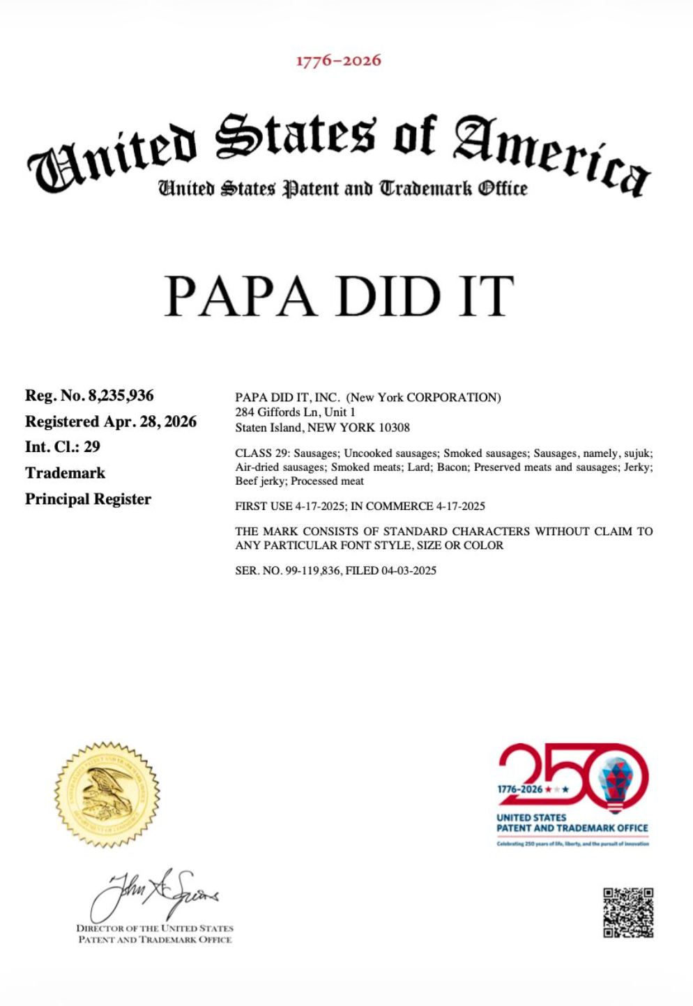 Papa Did It Is Now a Registered Trademark in the United States