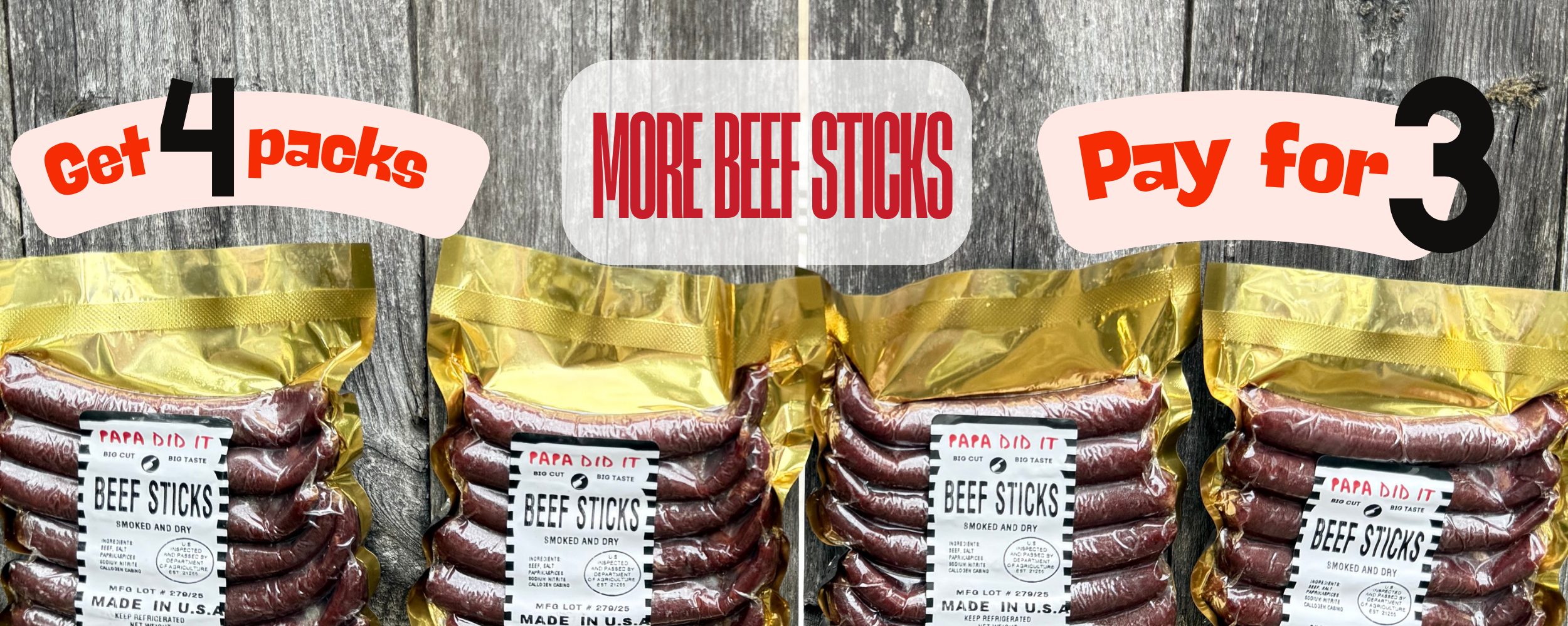 Packages of beef sticks with promotional text on a wooden background