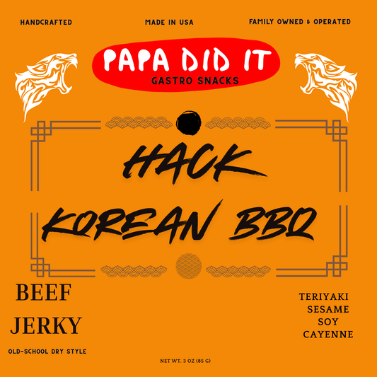 Papa Did It Hack Korean BBQ beef jerky label, handcrafted dry jerky, orange packaging