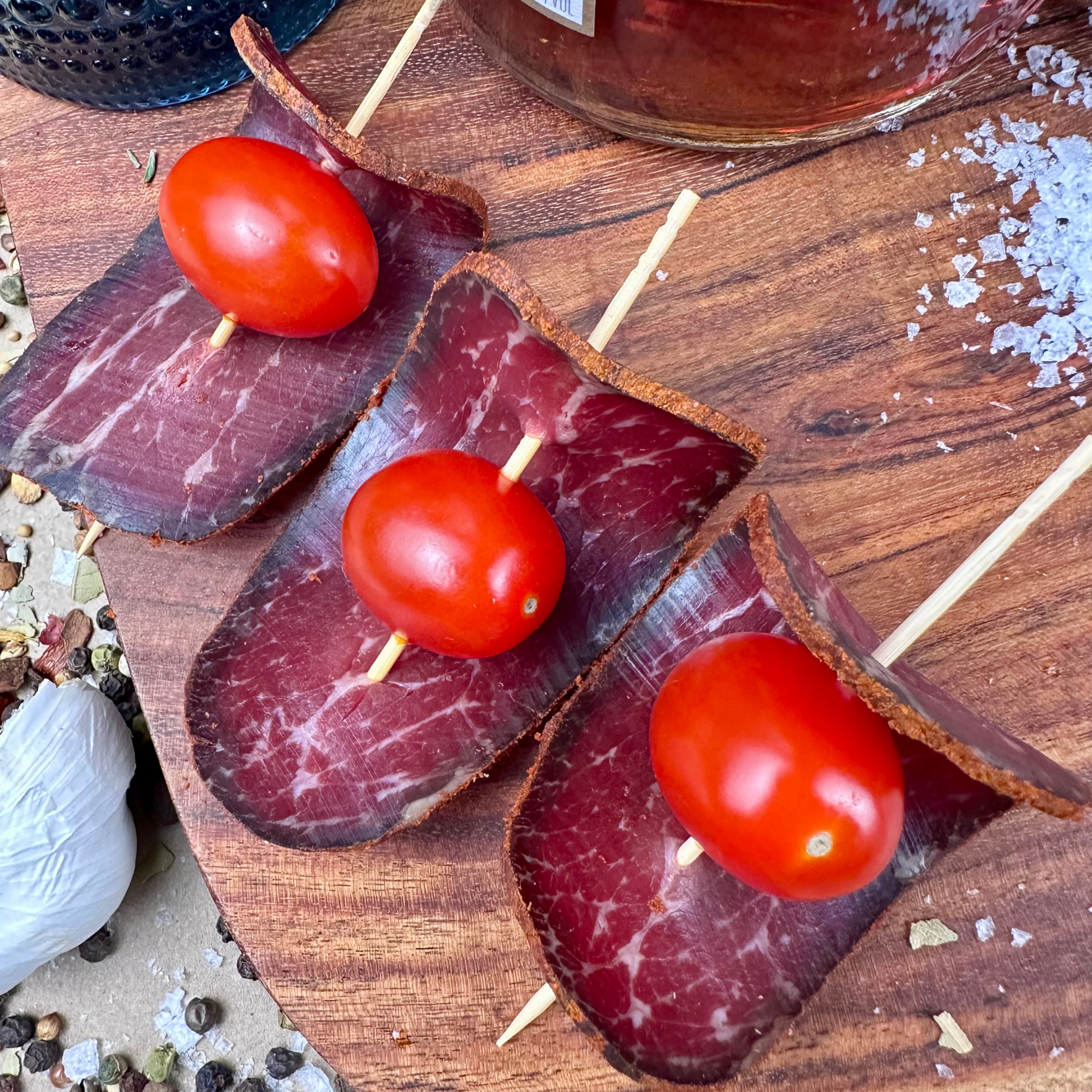 Basturma beef jerky appetizer with cherry tomatoes on skewers – Papa Did It