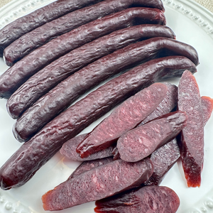 Close-up of curved beef sticks and sliced ends
