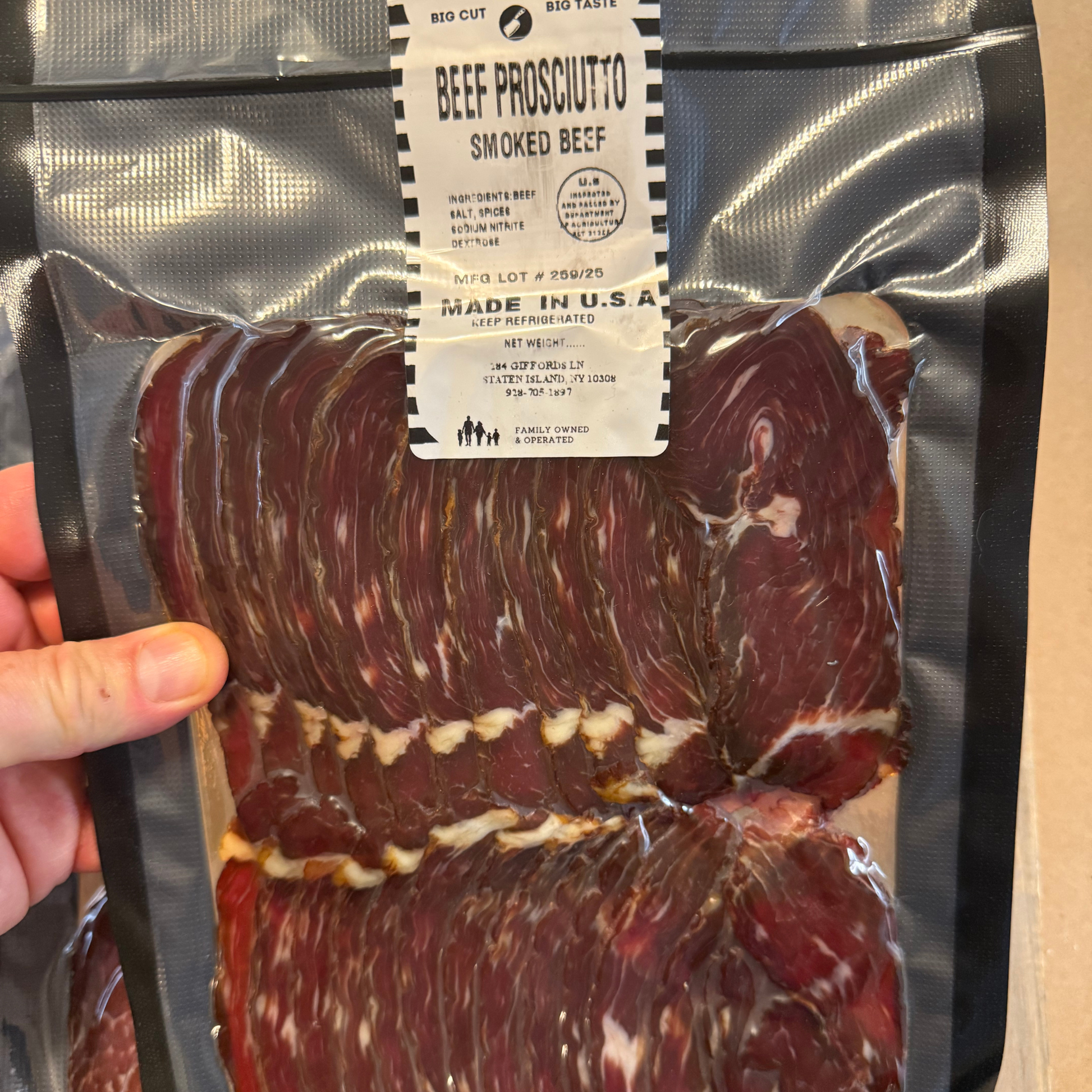Vacuum-sealed pack of Papa Did It Beef Prosciutto — hickory-smoked, dry-cured beef slices, made in the USA.