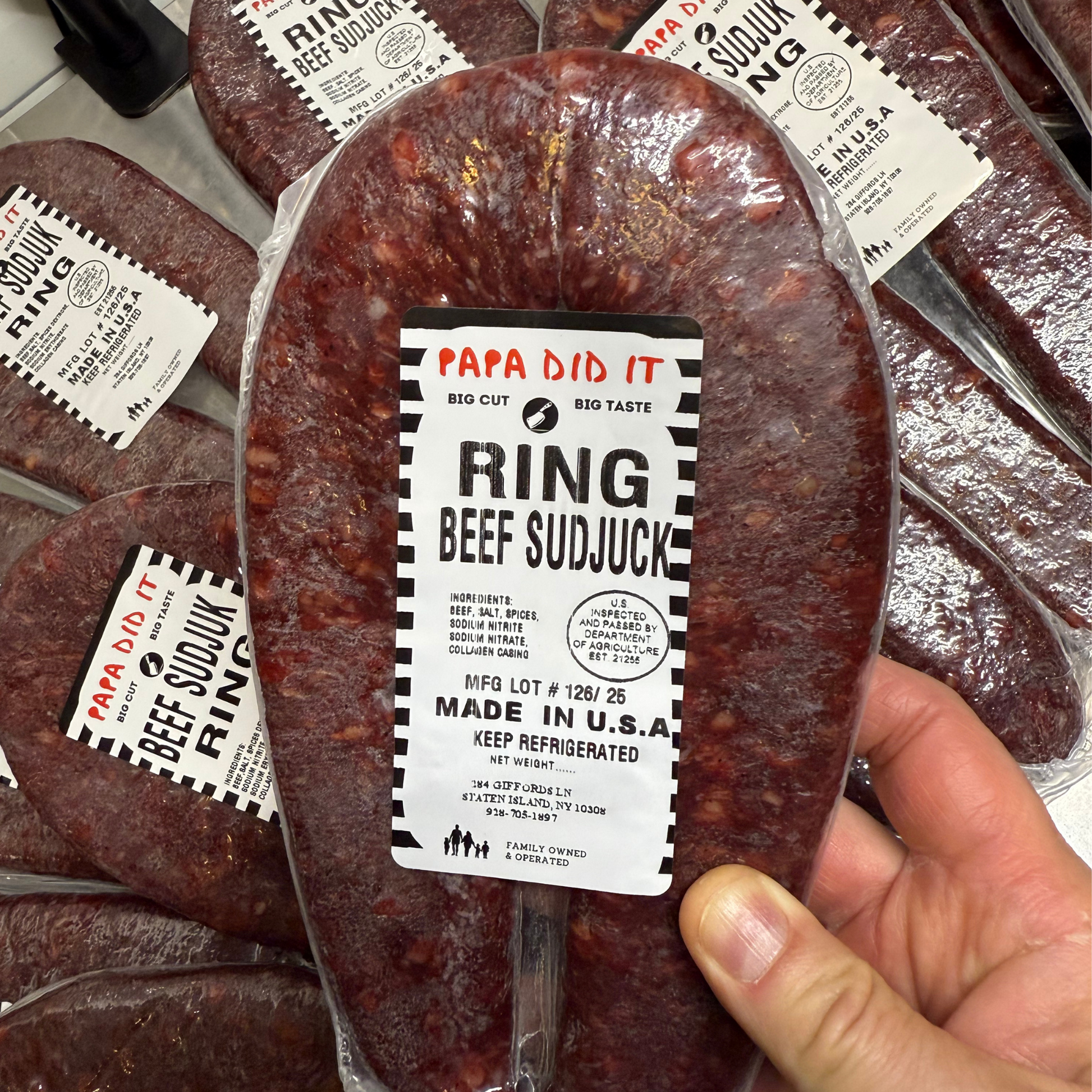 Papa Did It Ring Beef Sudjuk – traditional cured sausage hand-packed for freshness
